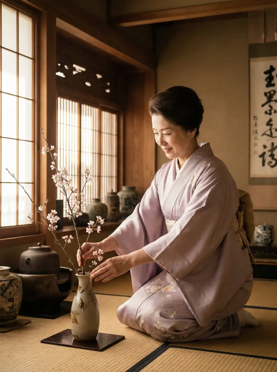 一位优雅的 9体育平台 在和室中插花